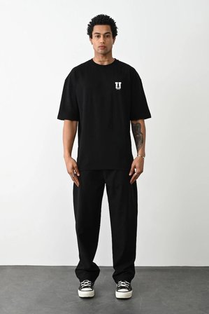 Erkek Kısa Kol Yazlık Tişört Bisiklet Yaka Baskılı Oversize T-Shirt - Siyah
