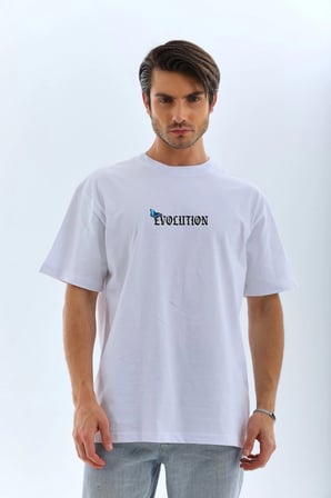 Erkek Kısa Kol Yazlık Tişört Bisiklet Yaka KELEBEK Baskılı T-Shirt - Beyaz
