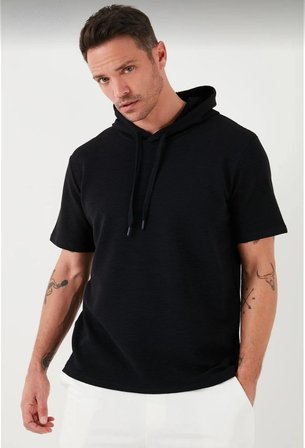 Erkek Kapüşonlu Tişört Kısa Kol Düz Oversize T-shirt - Siyah
