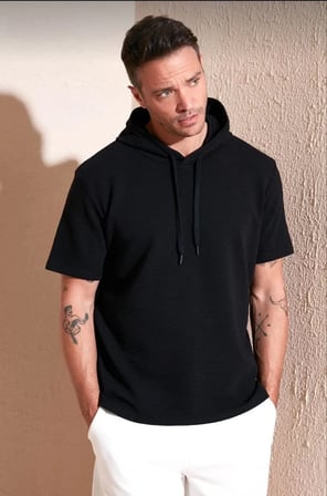 Erkek Kapüşonlu Tişört Kısa Kol Düz Oversize T-shirt - Siyah