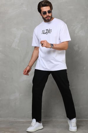 Erkek Kısa Kol Yazlık Tişört Bisiklet Yaka Baskılı Oversize T-Shirt - Beyaz