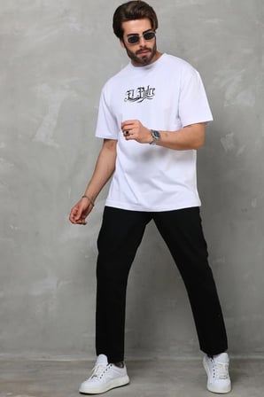 Erkek Kısa Kol Yazlık Tişört Bisiklet Yaka Baskılı Oversize T-Shirt - Beyaz
