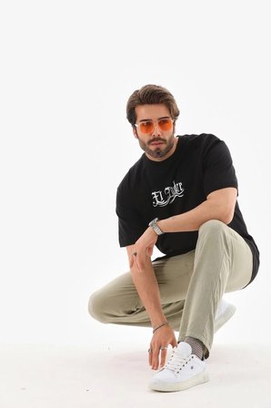 Erkek Kısa Kol Yazlık Tişört Bisiklet Yaka Baskılı Oversize T-Shirt - Siyah