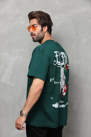 Erkek Kısa Kol Yazlık Tişört Bisiklet Yaka Baskılı Oversize T-Shirt - Yeşil