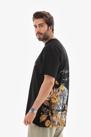 Erkek Kısa Kol Yazlık Tişört Bisiklet Yaka Baskılı Oversize T-Shirt - Siyah