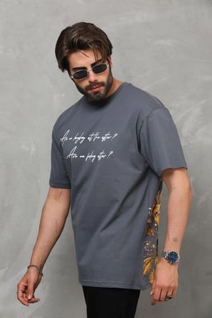 Erkek Kısa Kol Yazlık Tişört Bisiklet Yaka Baskılı Oversize T-Shirt - Füme