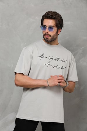 Erkek Kısa Kol Yazlık Tişört Bisiklet Yaka Baskılı Oversize T-Shirt - Gri