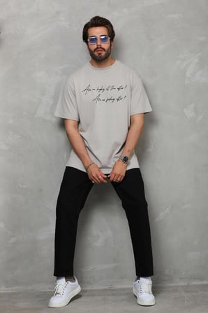 Erkek Kısa Kol Yazlık Tişört Bisiklet Yaka Baskılı Oversize T-Shirt - Gri