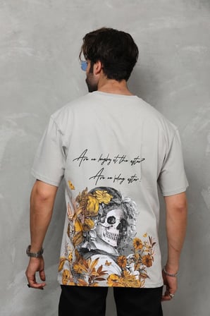 Erkek Kısa Kol Yazlık Tişört Bisiklet Yaka Baskılı Oversize T-Shirt - Gri