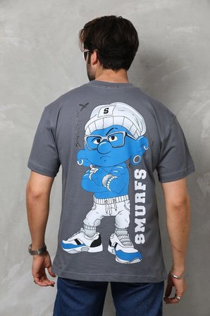 Erkek Kısa Kol Yazlık Tişört Bisiklet Yaka Baskılı Oversize T-Shirt - Füme