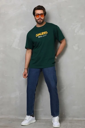 Erkek Kısa Kol Yazlık Tişört Bisiklet Yaka Baskılı Oversize T-Shirt - Yeşil