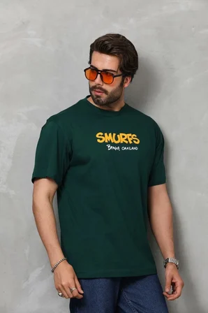 Erkek Kısa Kol Yazlık Tişört Bisiklet Yaka Baskılı Oversize T-Shirt - Yeşil