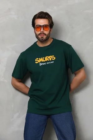 Erkek Kısa Kol Yazlık Tişört Bisiklet Yaka Baskılı Oversize T-Shirt - Yeşil