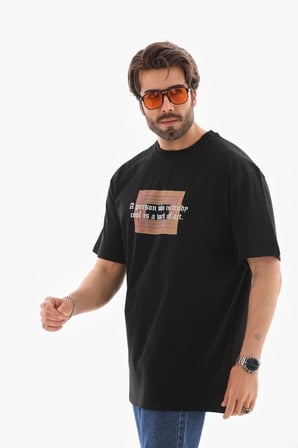 Erkek Baskılı T-Shirt Kısa Kol Bisiklet Yaka Regular Fit Rahat Kalıp Tişört -  Siyah