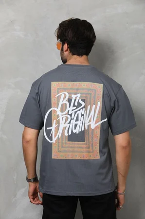 Erkek Baskılı T-Shirt Kısa Kol Bisiklet Yaka Regular Fit Rahat Kalıp Tişört -  Füme