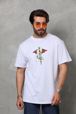 Erkek Baskılı T-Shirt Kısa Kol Bisiklet Yaka Regular Fit Rahat Kalıp Tişört -  Beyaz