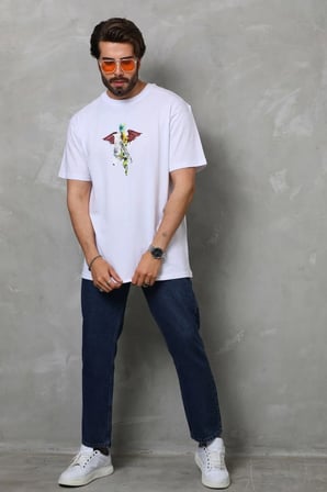 Erkek Baskılı T-Shirt Kısa Kol Bisiklet Yaka Regular Fit Rahat Kalıp Tişört -  Beyaz