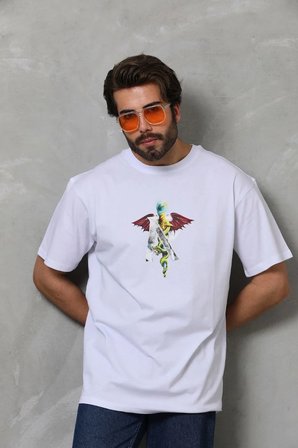 Erkek Baskılı T-Shirt Kısa Kol Bisiklet Yaka Regular Fit Rahat Kalıp Tişört -  Beyaz