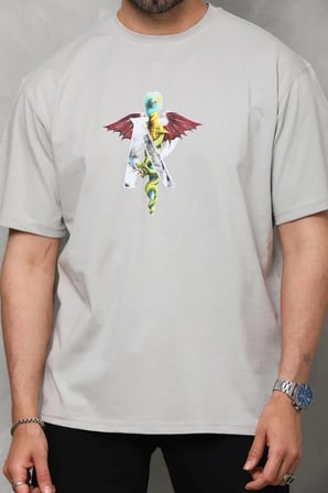 Erkek Baskılı T-Shirt Kısa Kol Bisiklet Yaka Regular Fit Rahat Kalıp Tişört -  Gri