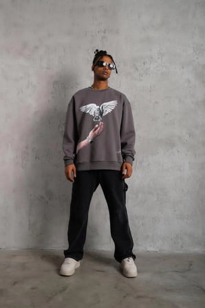 Erkek Güvercin Baskılı 3 iplik pamuklu Bisiklet Yaka Sweatshirt - Gri