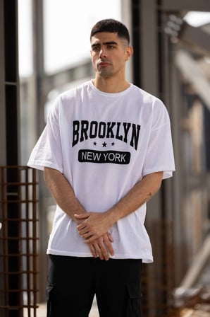 Erkek Kısa Kol Yazlık Tişört Bisiklet Yaka Baskılı Oversize T-Shirt - Beyaz