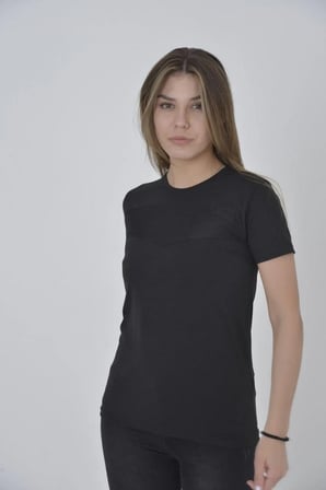 Kadın Gögüs Fileli T-Shirt Kısa Kol Bisiklet Yaka Slimfit Tişört   - Siyah