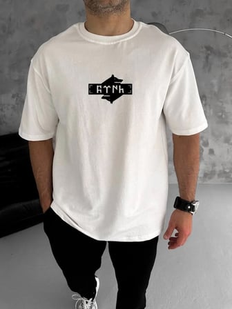 Erkek Kısa Kol Yazlık Tişört Bisiklet Yaka Baskılı Oversize T-Shirt - Beyaz