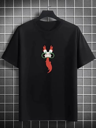 Erkek Baskılı T-Shirt Kısa Kol Bisiklet Yaka Regular Fit Rahat Kalıp Günlük Tişört- Siyah