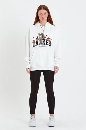 Kadın Oversize Kapüşonlu Cepli Baskılı 3 İplik Pamuklu Hoodie Sweatshirt - Beyaz