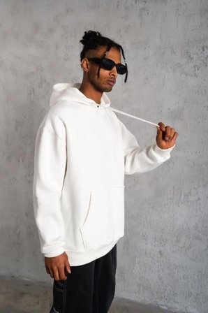 Erkek 3 İplik Pamuklu Kapüşonlu Cepli Düz Oversize Hoodie Sweatshirt - Beyaz