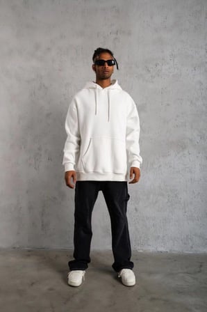 Erkek 3 İplik Pamuklu Kapüşonlu Cepli Düz Oversize Hoodie Sweatshirt - Beyaz