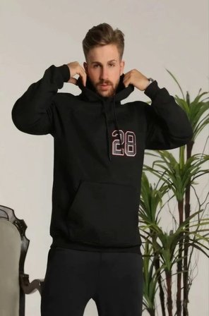 Erkek 3 İplik Pamuklu Kapüşonlu Baskılı Cepli Oversize Sweatshirt Hoodie - Siyah
