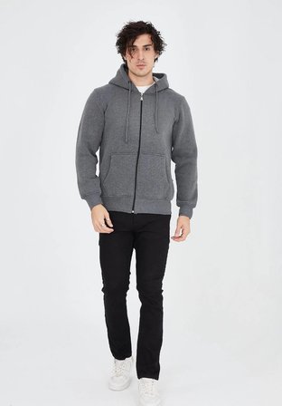Erkek 3 İplik Pamuklu Kapüşonlu Tam Fermuarlı Cepli Hoodie Sweatshirt - Füme