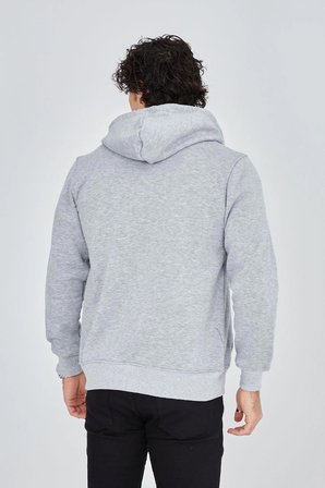 Erkek 3 İplik Pamuklu Kapüşonlu Tam Fermuarlı Cepli Hoodie Sweatshirt - Gri