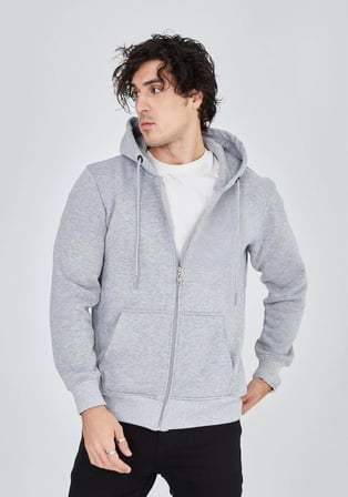 Erkek 3 İplik Pamuklu Kapüşonlu Tam Fermuarlı Cepli Hoodie Sweatshirt - Gri
