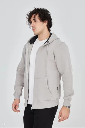 Erkek 3 İplik Pamuklu Kapüşonlu Tam Fermuarlı Cepli Hoodie Sweatshirt - Boyalı Gri
