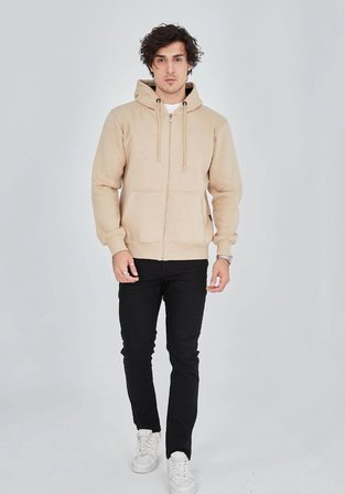 Erkek 3 İplik Pamuklu Kapüşonlu Tam Fermuarlı Cepli Hoodie Sweatshirt - Bej