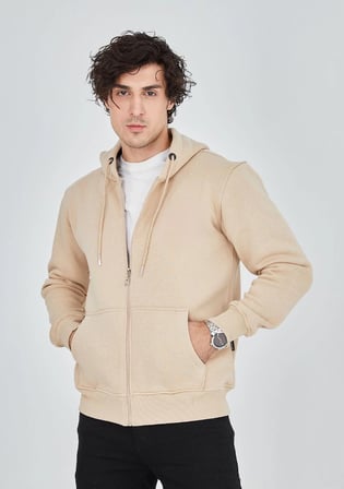Erkek 3 İplik Pamuklu Kapüşonlu Tam Fermuarlı Cepli Hoodie Sweatshirt - Bej