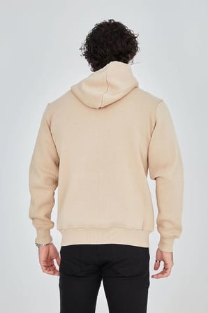 Erkek 3 İplik Pamuklu Kapüşonlu Tam Fermuarlı Cepli Hoodie Sweatshirt - Bej