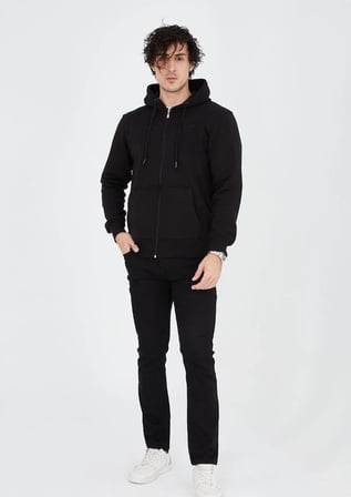 Erkek 3 İplik Pamuklu Kapüşonlu Tam Fermuarlı Cepli Hoodie Sweatshirt - Siyah