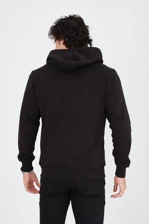 Erkek 3 İplik Pamuklu Kapüşonlu Tam Fermuarlı Cepli Hoodie Sweatshirt - Siyah