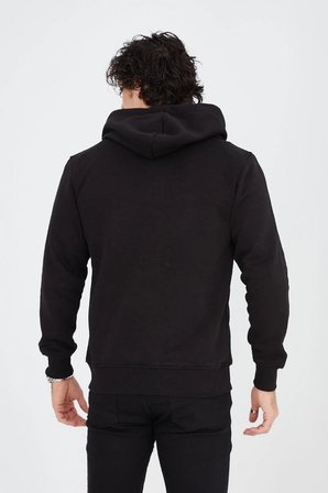 Erkek 3 İplik Pamuklu Kapüşonlu Tam Fermuarlı Cepli Hoodie Sweatshirt - Siyah