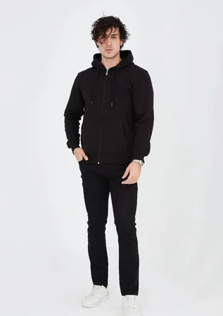 Erkek 3 İplik Pamuklu Kapüşonlu Tam Fermuarlı Cepli Hoodie Sweatshirt - Siyah