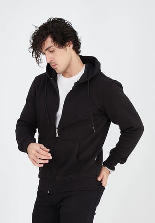 Erkek 3 İplik Pamuklu Kapüşonlu Tam Fermuarlı Cepli Hoodie Sweatshirt - Siyah