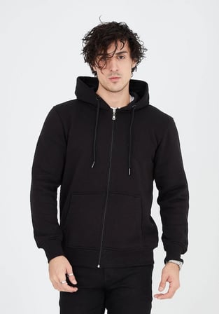 Erkek 3 İplik Pamuklu Kapüşonlu Tam Fermuarlı Cepli Hoodie Sweatshirt - Siyah