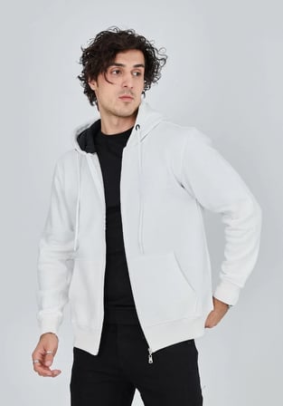 Erkek 3 İplik Pamuklu Kapüşonlu Tam Fermuarlı Cepli Hoodie Sweatshirt - Beyaz