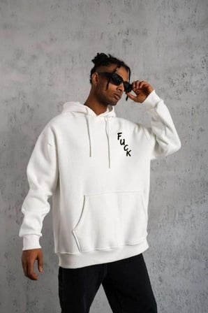 Erkek 3 İplik Pamuklu Kapüşonlu Baskılı Cepli Oversize Sweatshirt Hoodie - Beyaz