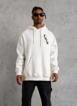 Erkek 3 İplik Pamuklu Kapüşonlu Baskılı Cepli Oversize Sweatshirt Hoodie - Beyaz