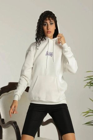 Kadın Oversize Kapüşonlu Cepli Baskılı 3 İplik Pamuklu Hoodie Sweatshirt - Beyaz