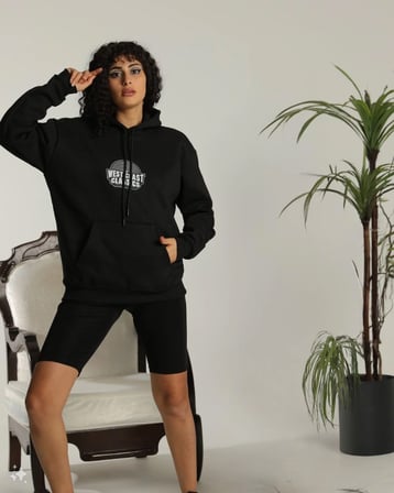 Kadın Oversize Kapüşonlu Cepli Baskılı 3 İplik Pamuklu Hoodie Sweatshirt - Siyah
